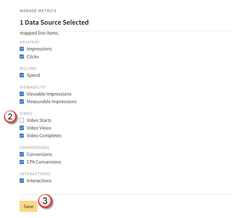 Manage Metrics modal showing various data source metrics and highlighting the Save button.